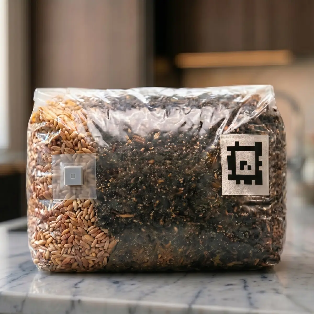 A Grove5 grow bag with printed BagTag code