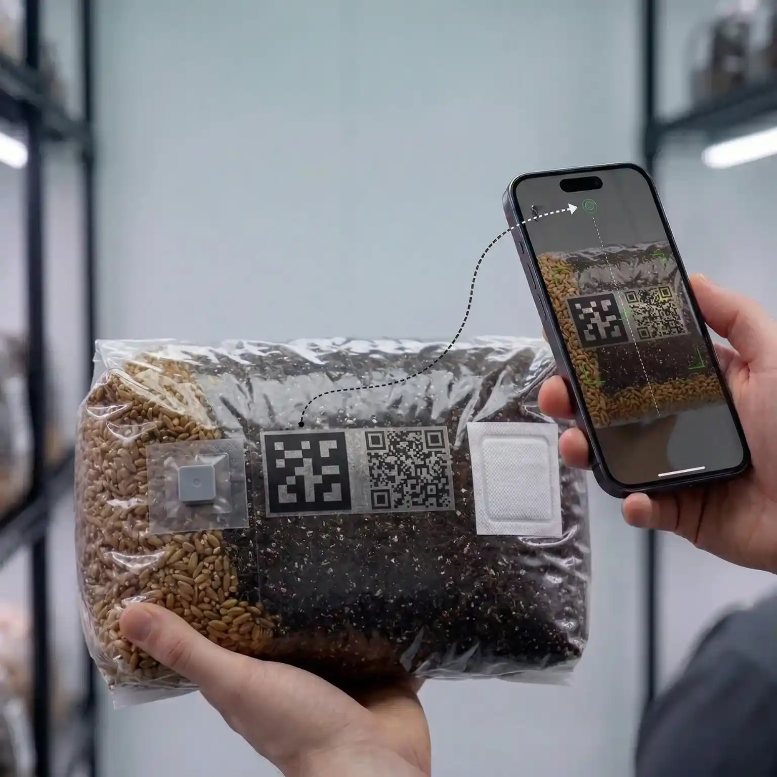 A Grove5 grow bag with printed BagTag code